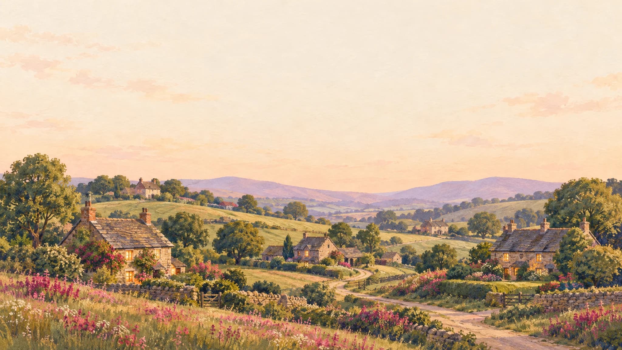 Painted countryside with stone cottages, a winding lane and wildflowers at sunrise